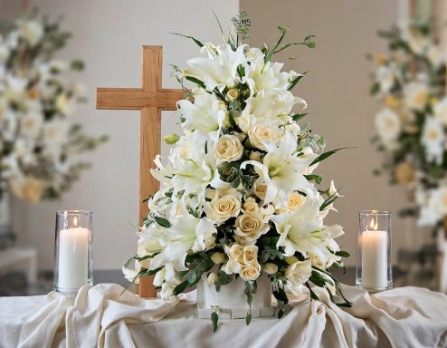 Blumenarrangement in Weiß und Creme, umgeben von Kerzen und einem Holzkreuz.
